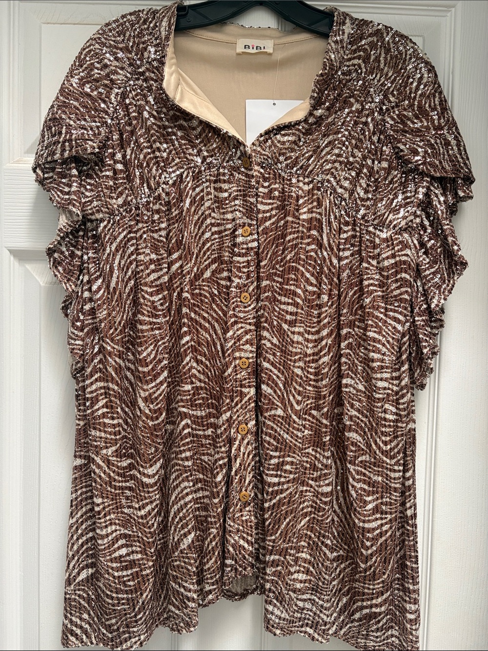 Stunning BiBi Brown and White Zebra-Print Button-Front Women's Top
